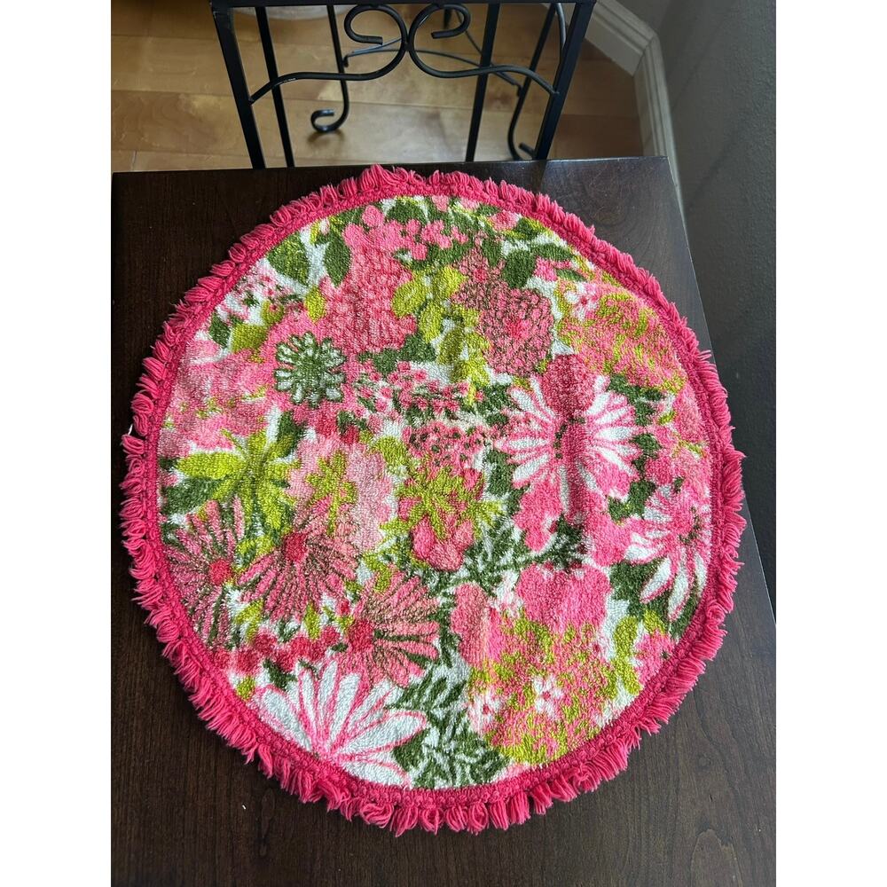 Vintage round hand towel vibrant pink fringed MOD flower power